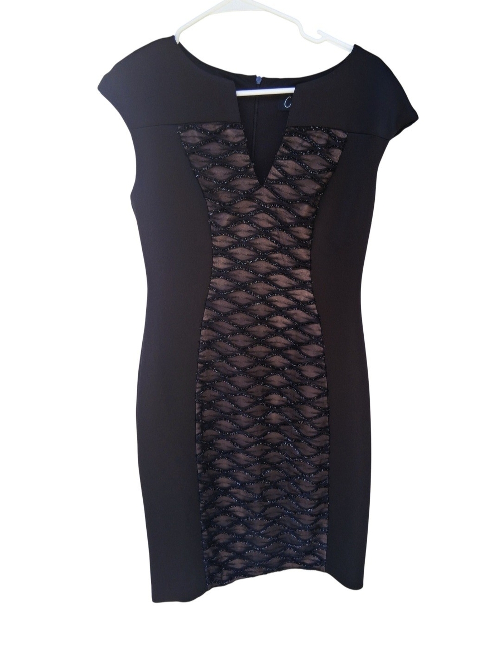 Connected Apparel Black Mini Dress with Khaki & Black Velvet Center Panel